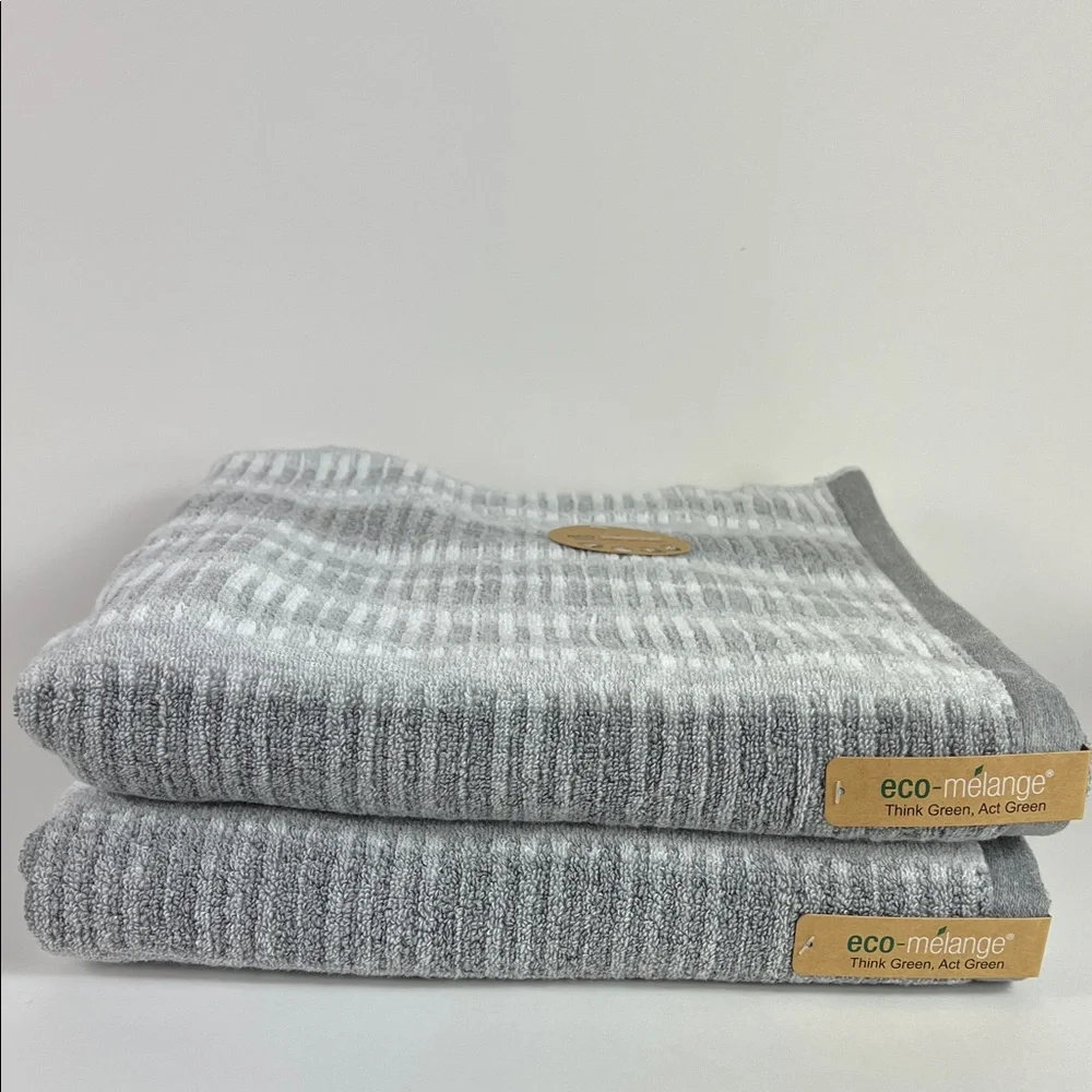 2 PC Eco Melange Bath Towels Gray & White Striped Soft Cotton Blend NEW
